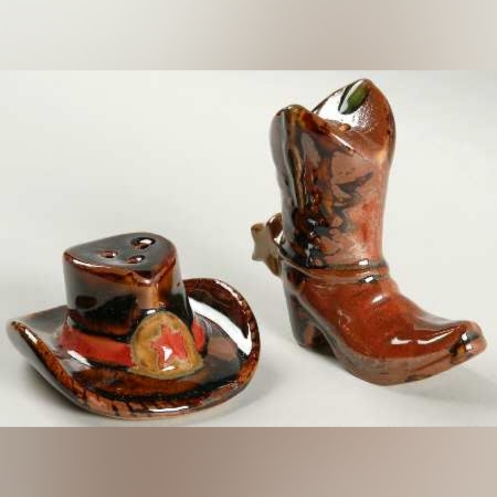 Vintage Cowboy Boot & Hat Salt Pepper Shakers Unique Pottery Stoneware